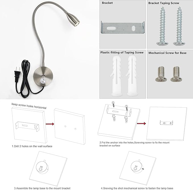 LED Wall Reading Light with USB Charging Port, Dimmable Gooseneck Bedside Lamp, Flexible Arm, 3W, (Nickel, 120V Plug in, Warm White)