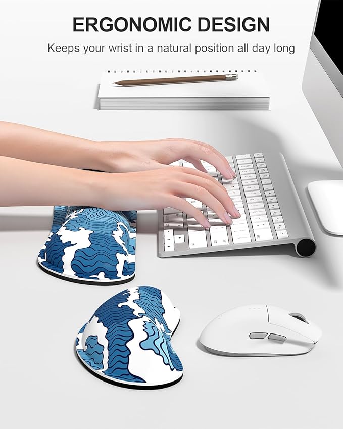 Auhoahsil Large Mouse Pad with Wrist Rests for Keyboard & Mouse, Thick Soft Ergonomic Memory Foam Wrist Supports, Big & Long Desk Mat 35.5 x 15.7 in, for Office Gaming Computer, Blue Wave