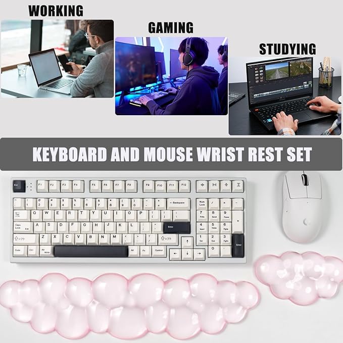 Ergonomic Gel Cloud Keyboard and Mouse Wrist Rest Set – Clear Wrist Rest for Keyboard 60%/68%/75%, Comfort & Support for Typing and Gaming (Light Pink)