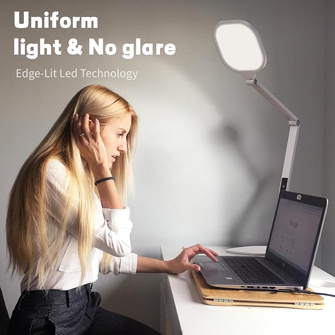 LED Desk Lamp for Home Office – Professional Eye-Caring Soft Diffused Light, Dimmable Desk Lamp with Adjustable Metal Swing Arm, Memory & Timer, Modern Anti-Glare Table Lamp