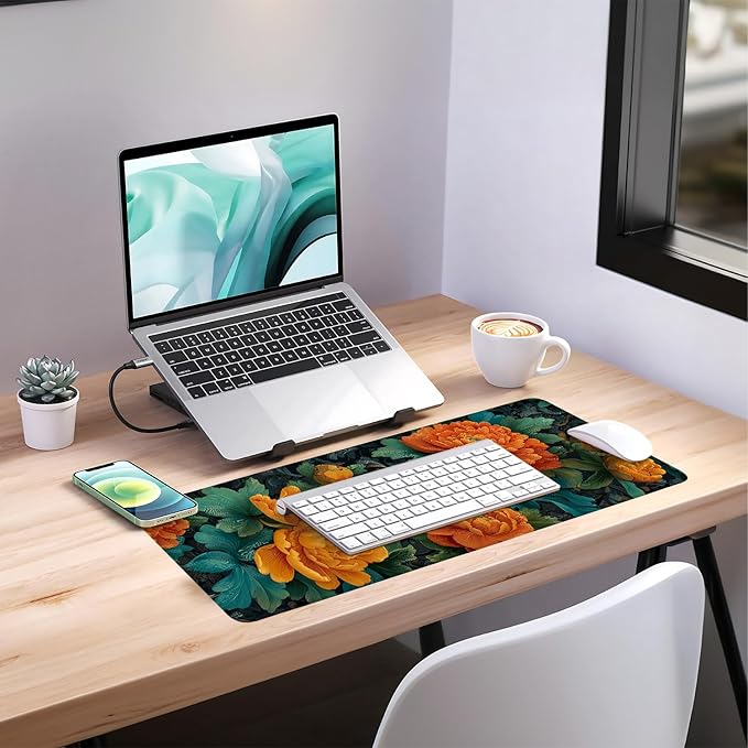 Retro Flower Spring Extended Gaming Mouse Pad 31.5x11.8inches Large Desk Mat Anti-Slip Rubber Base & Durable Stitched Edges for Gamers Smooth Mouse Writing Surface for Desk Office/Home