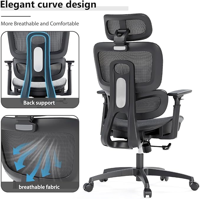 Ergonomic Mesh Office Chair, Adjustable Headrest, 3D Armrests, Lumbar Support, Tilt Lock Function, Breathable High-Back Desk Chair Computer Chair for Home Office Work, Study, Gaming, Black