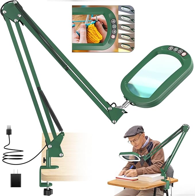 10X Extra Long Magnifying Glass with Light and Clamp, Real Glass, 5 Color Modes, Stepless Dimmable, Dual 16-inch Swing Arm, Lighted Magnifier Hands Free for Close Work, Craft, Reading, Painting, Green
