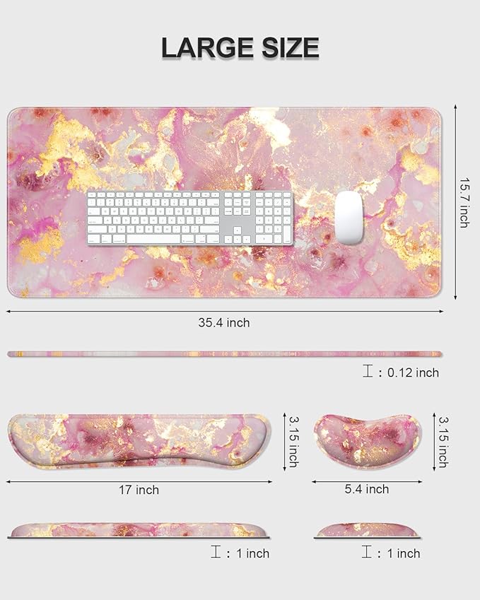 Auhoahsil Large Mouse Pad with Wrist Rests for Keyboard & Mouse, Thick Soft Ergonomic Memory Foam Wrist Supports, Big & Long Desk Mat 35.5 x 15.7 in, for Office Gaming Computer, Pink Gold Marble