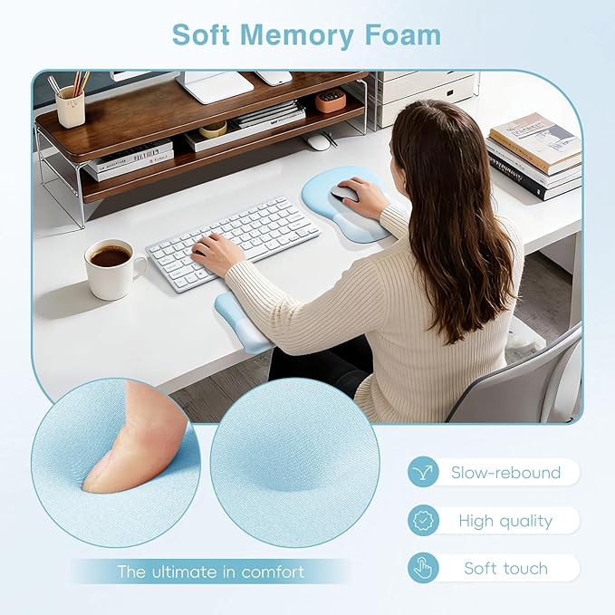 Ospelelf Mouse Pad with Wrist Rest Set Foam L-Shaped Desk Elbow Pad Ergonomic Desk Edge Cushion Anti-Slip Rubber Bottom Office Women Desk Accessories for Computer, Laptop and Gaming, Blue