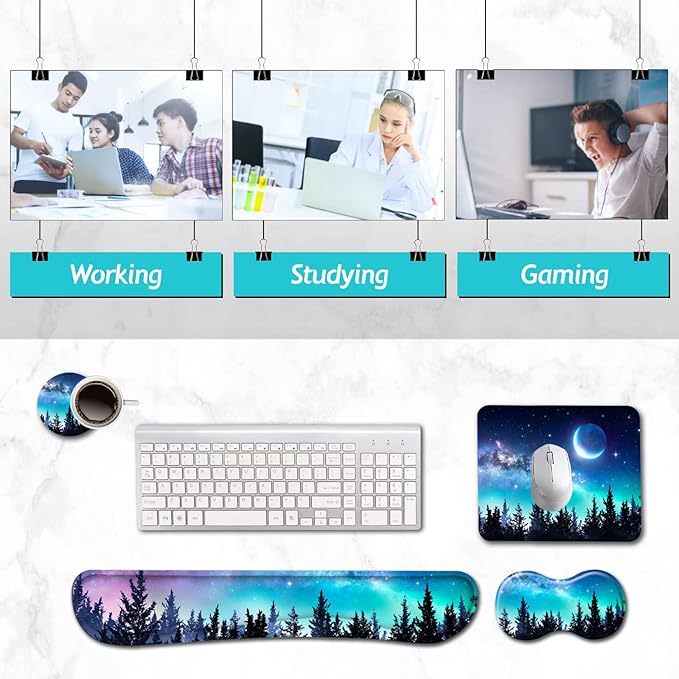 AIMSA Keyboard Wrist Rest Support + Mouse Pad + Mouse Wrist Rest + Coaster, Ergonomic Memory Foam Anti-Slip Rubber Base 4 PCS Set Easy Typing Pain Relief, Forest Moon Sky