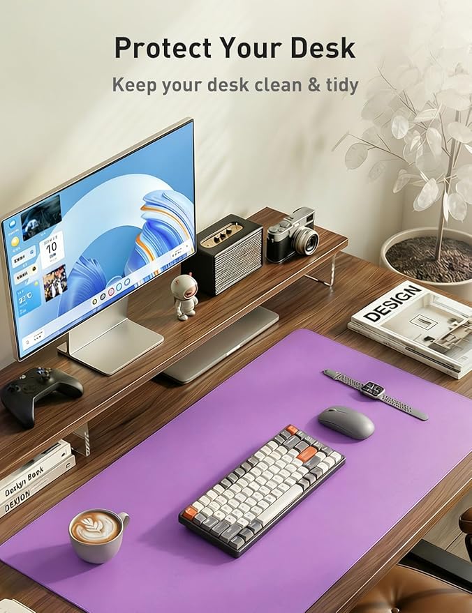 Aothia Faux Leather Desk Mat - Non-Slip PU Leather Desk Blotter, Waterproof Writing Surface, Large Desk Pad for Office & Home (Iris Violet, 55" x 17")