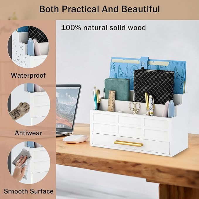 white Wood Desk Organizer and Accessories with Drawer, Bill Mail Organizer and File Mail Holder for Office Supplies, Rustic Desk Accessories & Workspace Organizers for Desk Organization