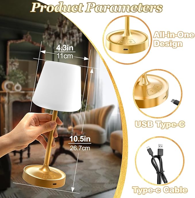 Small Shower Lamp Waterproof: Table Lamp with 4000mAH Battery - Rechargeable 3 Dimmable Cordless LED Lamp for Desk Bedroom Living Room Bathroom - Gold Touch Light for Parents Kids