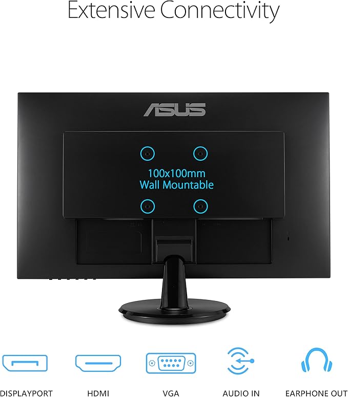 ASUS 27” 1080P Monitor (VA27DQ) - Full HD, IPS, 75Hz, Speakers, Adaptive-sync/FreeSync™, Low Blue Light, Flicker Free, VESA Mountable, Frameless, HDMI, VGA, DisplayPort, Tilt Adjustable, Black