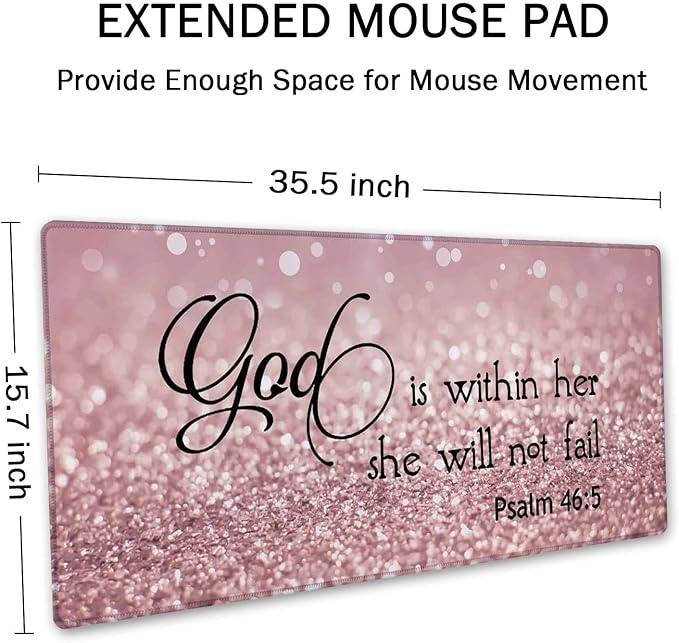 SSOIU Bible Verse Mouse Pad 35.5 X 15.7 Inch XXL Full Desk Mousepad Extended Large Non-Slip Rubber Base Waterproof Big Keyboard Mat with Stitched Edges - PSALM 46:5 God is Within Her,She Will not Fall