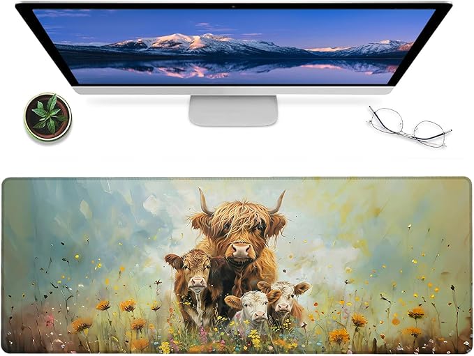 Highland Cow Family Gaming Mouse Pad,12x31.5in Non-Slip Rubber Cute Cattle Desk Mat,Large Extended Farmhouse Spring Mousepad for Office Home Laptop,Mice Pads Gifts,Game Lover Deskmat Decor