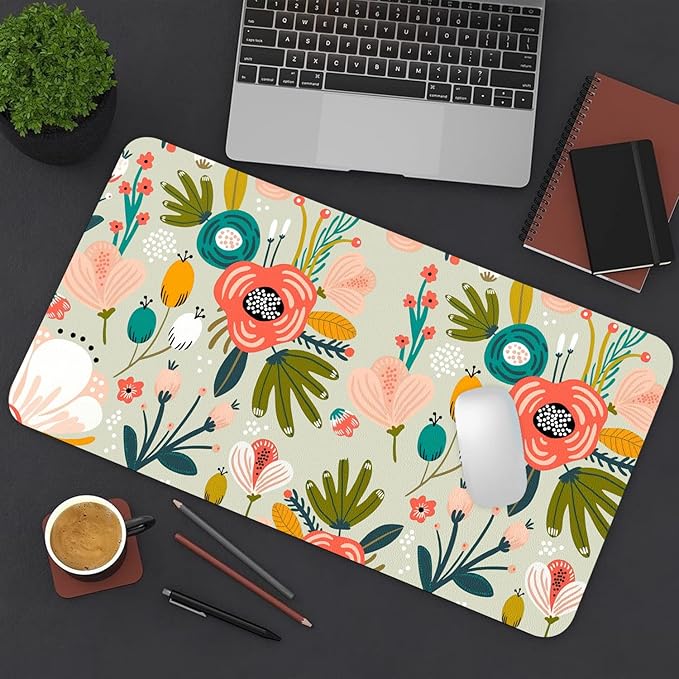 Desk Mat Large Protector Pad 31.5" ×15.7", Non-Slip PU Leather Desk Blotter, Waterproof Mouse Pad for Office Home Green Floral
