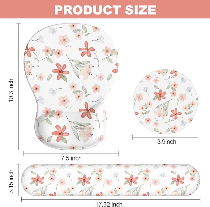 Ergonomic Mouse Pad with Wrist Rest and Keyboard Wrist Rest, Gel Mousepad and Wrist Rest for Computer Keyboard, Non-Slip PU Base, Mouse Pad with Wrist Support for Gaming, Orange Flowers