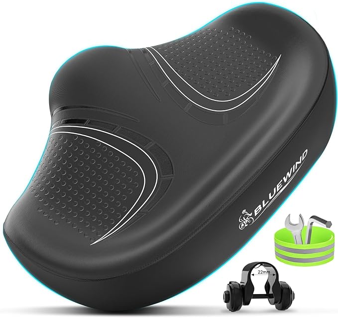 BLUEWIND New Noseless Oversized Bike Seat, Wide Bicycle Saddle Novel Backrest Design for Electric Bike, Universal Fit Exercise Bike or Road Stationary Bike Seat Cushion for Men & Women