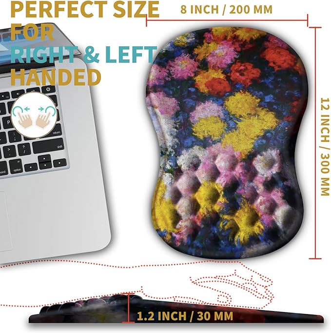 Hokafenle Ergonomic Mouse Pad Wrist Support with Massage Design, Wrist Rest Mousepad with Memory Foam&Non-Slip PU Base, Mouse Pads for Wireless Mouse & Desk(12x8 inch,Monet Chrysanthemum)