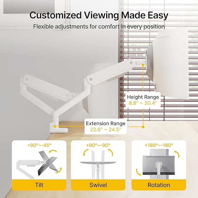 monTEK Single Monitor Arm for Max 45 Inch Ultrawide Screens Adjustable Monitor Desk Mount Holds 35 Lbs Cable Management with C Clamp/Grommet Desk Mount, VESA 75/100mm