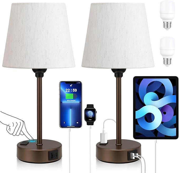 Acaxin Brown Bedside Lamps for bedrooms Set of 2 - Nightstand Bedroom Lamp with USB C Port and AC Outlet Charging, 3 Way Dimmable Touch Control Small Bed Side Table Lamp, Nightstand Light for Kids