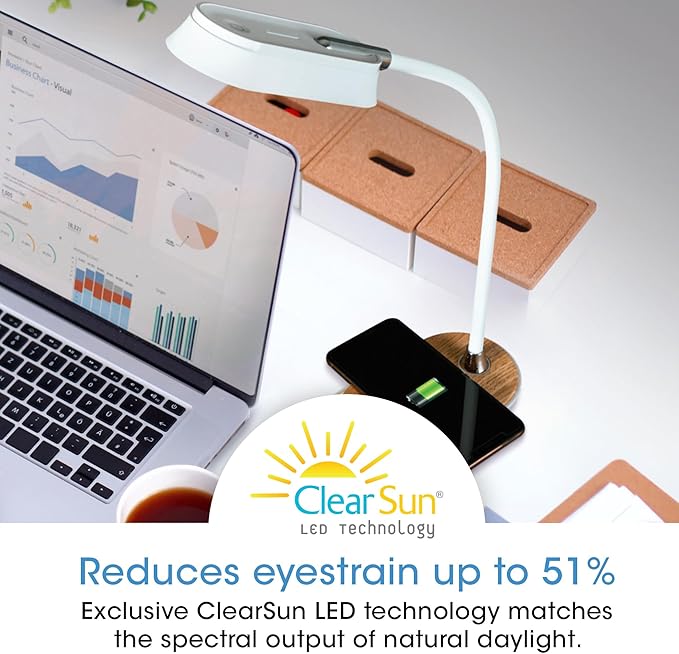 Ottlite Inspire LED Desk Lamp with Wireless Charging - ClearSun LED Technology - Flexible Neck, Dimmable with Touch Controls & Night Light Feature - for Offices, Dorm Rooms, & Bedside Tables
