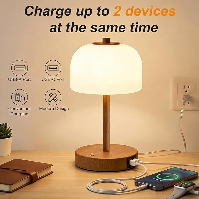 Oneach 9" Touch Control Table Lamp Set of 2, Wood Grain Dimmable LED Bedside Lamp with 3 Color Temperatures, USB A+C, Small Modern Table Lamps for Bedroom Nightstand Living Room