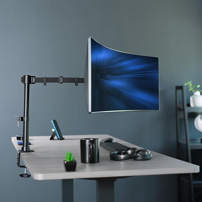 VIVO Single Large Monitor Arm Desk Mount, Holds Screens up to 45 inch Ultrawide, Fully Adjustable Stand with C-Clamp and Grommet Base, VESA 75x75mm or 100x100mm, Black, STAND-V149