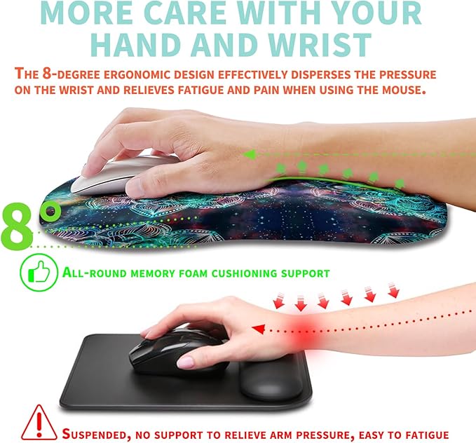 Ergonomic Mouse Pad Wrist Support with Memory Foam Massage Bulge, Wrist Ergonomic Support Mousepad Wrist Rest for Mouse (12x8 inch, Mandala)