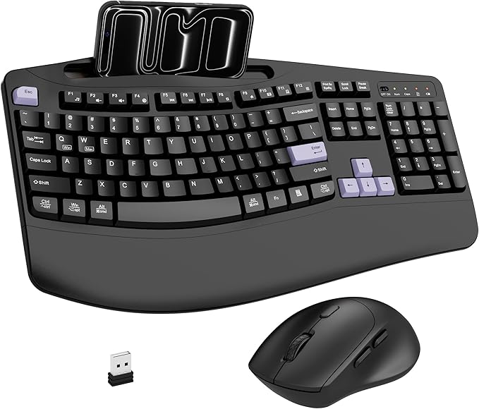 Wireless Keyboard and Mouse Combo, 2.4G Full Size Wave Keys Ergonomic Keyboard with Wrist Rest, Phone Holder, 3-Level DPI Wireless Silent Mouse with 6-Buttons, for Windows, Mac OS (Purple Black)