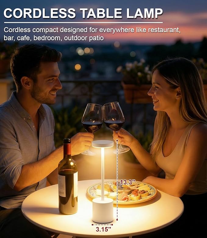 White Rechargeable Cordless Table Lamps Set, 5000mAh Battery Powered Wireless Table Light, Portable LED Desk Lamp, 3 Color Dimmable Lighting for Restaurant Dining Patio Outdoor Bedroom