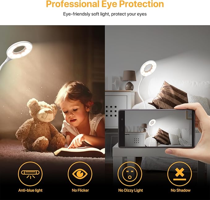 Rechargeable Desk Lamp Cordless with 3 Color Modes, Touch Control 30 LEDs Table Lamp, Stepless Dimming Reading Light, 360° Flexible, Portable Eye-Caring Sleep Aid for Dorm Study Office Bedroom