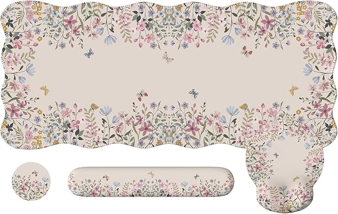 iCasso Desk Mat Set,Large Mouse Pad with Wrist Rest,Ergonomic Keyboard Wrist Support for Women,Girly Floral Computer Mat with Scalloped Edges,Non-Slip Desk Pad Home Office Gaming (Beige)