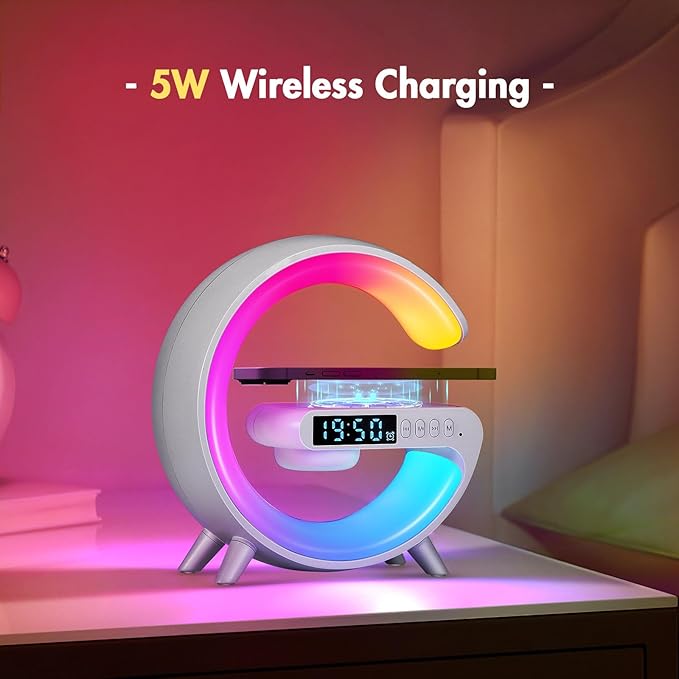 Blingbin Wireless Charger Atmosphere Lamp, 2025 New Mini LED Table Lamp, Bluetooth Speaker, Dimmable Night Light Bedside Lamp Alarm Clock with Music for Christmas Birthday New Year Gifts