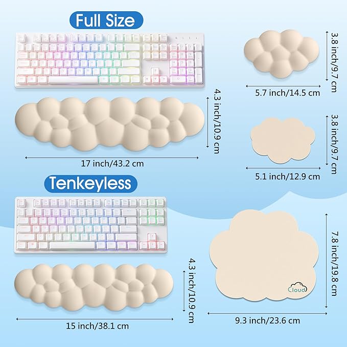 Cloud Wrist Rest Keyboard Cushion, 4-in-1 Ergonomic Cloud Keyboard Wrist Rest and Mouse Pad Set with Memory Foam Arm Support for Palm, Cute Desk Accessory for PC Gaming Setup, Beige