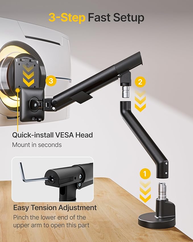 monTEK Single Monitor Arm for 17-40 Inch Screens, Heavy Duty Full Motion Monitor Mount Up to 24.3lbs, Aluminum Monitor Stand with VESA 75/100mm, C-Clamp/Grommet Base for Curved Screens