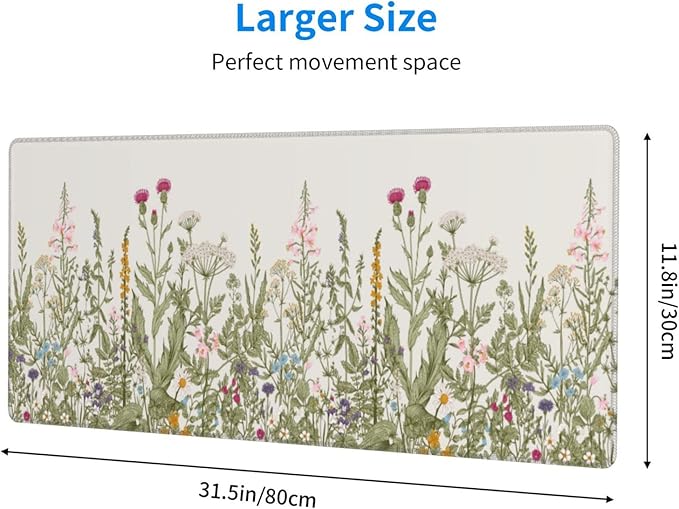 Wild Floral Flower Mouse Pad Extended Large Gaming Mousepad XL Big Long Oversized Desk Mat Stitched Edges 31.5 X 11.8 Inch for Home Office