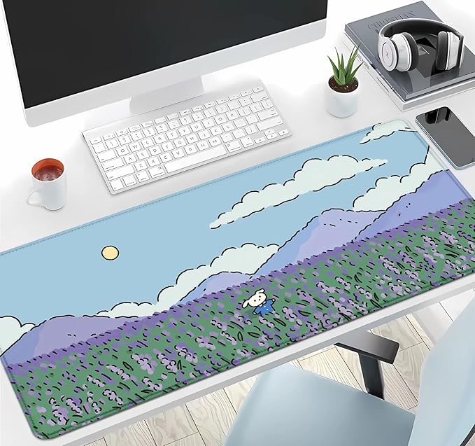 IMAYONDIA Anime Lavender Desk Mat Cute, Green Purple Blue XL Large Gaming Mouse Pad for Laptop, Kawaii Landscape Japanese Deskmat, Mousepad Computer Pad, 31.5 X 11.8 Inch