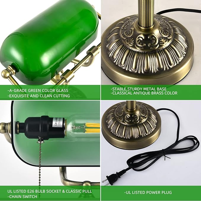 Green Glass Bankers Desk Lamp, Vintage Desks Lamp with USB Charging Port, Traditional Banker's Lamp, Mid Century Desk Lamp Pull Chain for Home Office Library