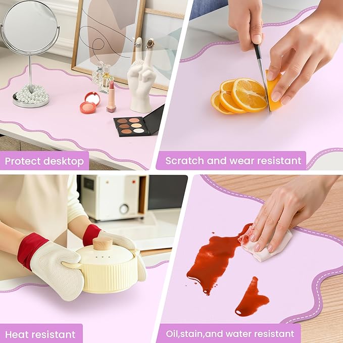 Leather Desk Mat, XXL Large 31.4x15.7in Scalloped Gaming Mouse pad，Non-Slip Rubber Base Keyboard Pad Mousepad for Laptop Computer Game Home Office，Waterproof and Oilproof Desktop Mat I Pink