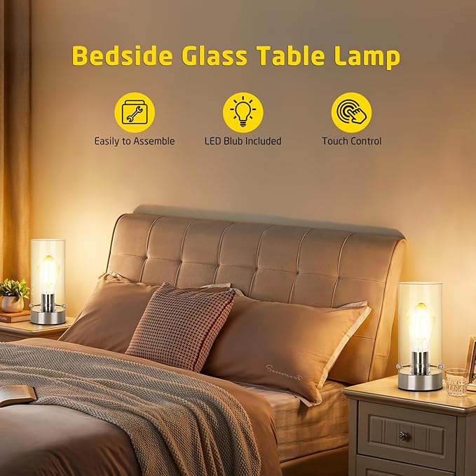 Bedside Table Lamp for Bedroom Living Room, Modern Nightstand Lamp with Glass Lamp Shape, 2700K 6W Glass Bulb Included(Nickel).