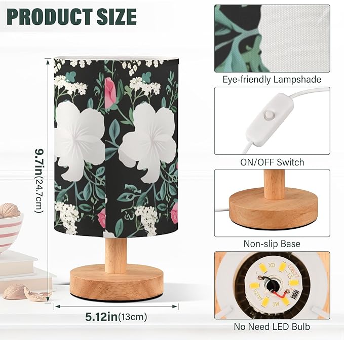 Flower LED Table Lamp, Bedside Lamp with Linen Lampshade, Flicker-Free Eye Care USB Plug in Nightstand Lamp, for Bedroom and Office