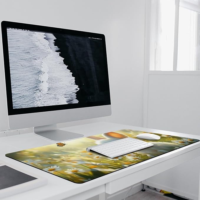 Large Ergonomic Gaming Mouse Pad Baby Bunny in Daisy Field - Sweet Rabbit Theme with Non-Slip Base Water-Resistant Surface and Stitched Edges 40x90cm