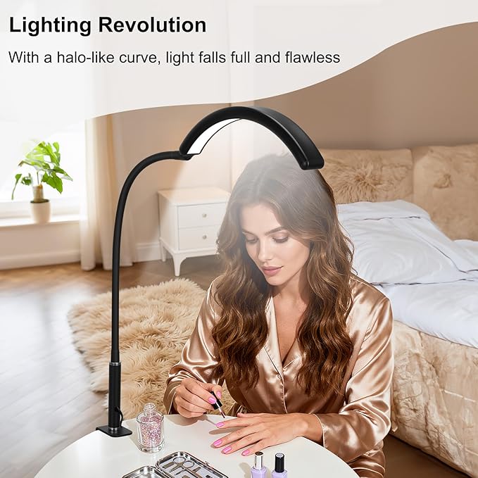 Professional Half Moon LED Desk Light for Nail Techs & Artists – Flexible Gooseneck Lamp with Clamp, 3 Color Modes & 5 Brightness Levels for Manicure, Tattoo, Beauty Work