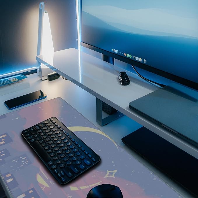Desk Mat, Anime Moon City Night Scene Extended Gaming Mouse Pad Large, 31.5"x11.8" Big Mouse Pad with Non-Slip Base and Stitched Edge, Long Computer Keyboard Mouse Mat for Home Office Work