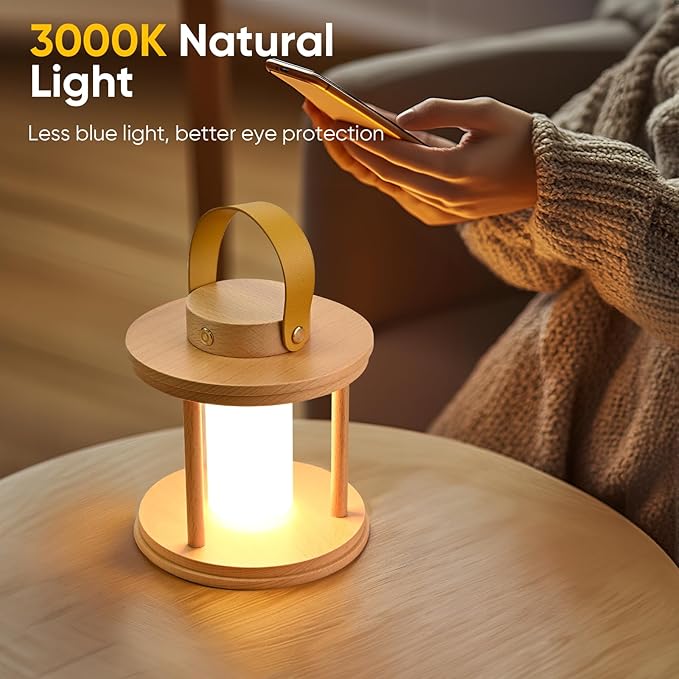 YIEONSHION LED Wood Cordless Table Lamp Rechargeable with Dimming Eye-Care Lighting, Portable Touch Lamp for Outdoor Camping Living Room Bedroom Bedside Office Pumpkin Shape Lantern