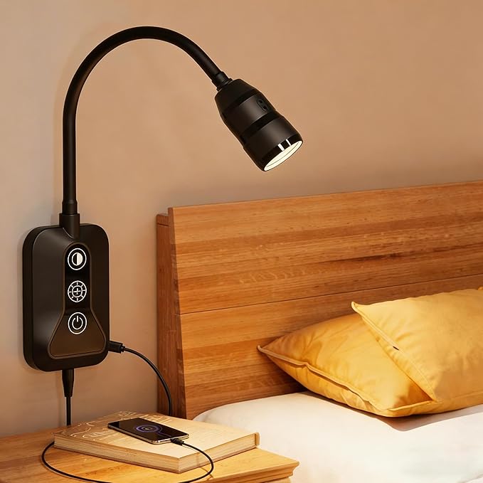 LED Wall Mounted Reading Light with Wave Sensor/Touch Switch, 5 Color & 5 Level Dimmable Touch Book Light for Reading with USB C Charging Port, Eye-Care Bedside Reading Lamp for Bed,Heaboard (Black)