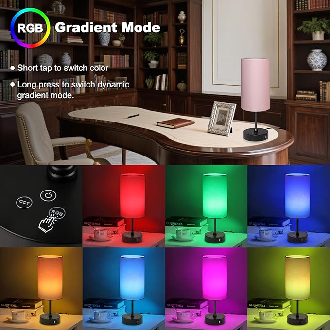 Unicozin Table Lamp for Bedroom, 3 Color Temperatures, 7 RGB Colors, Adjustable Brightness, Dual USB Charging Ports, Ambience Nightstand Light with Pink Shade, Desk Lamp for Kids Reading Home Office