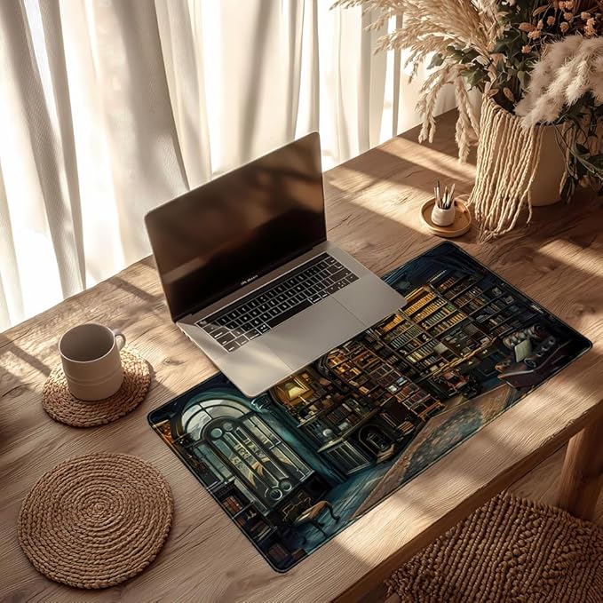 Dark Gothic Desk Mat Gaming Desk Pad Large Mouse Pad, Magician'S Fantasy Bookcase Gothic Mouse Mat XXL Laptop Keyboard Pad, Laptop Keyboard and Mouse Mat Desktop Protector Mat 31.5 X 15.7 in