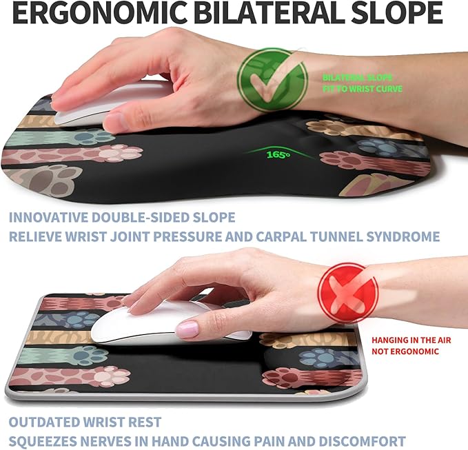 Ergonomic Raised Mouse Pad Wrist Support with Bilateral Slope Memory Foam Mousepad for Wrist Rest and Carpal Tunnel 11.8x7.9〃Cat Claws