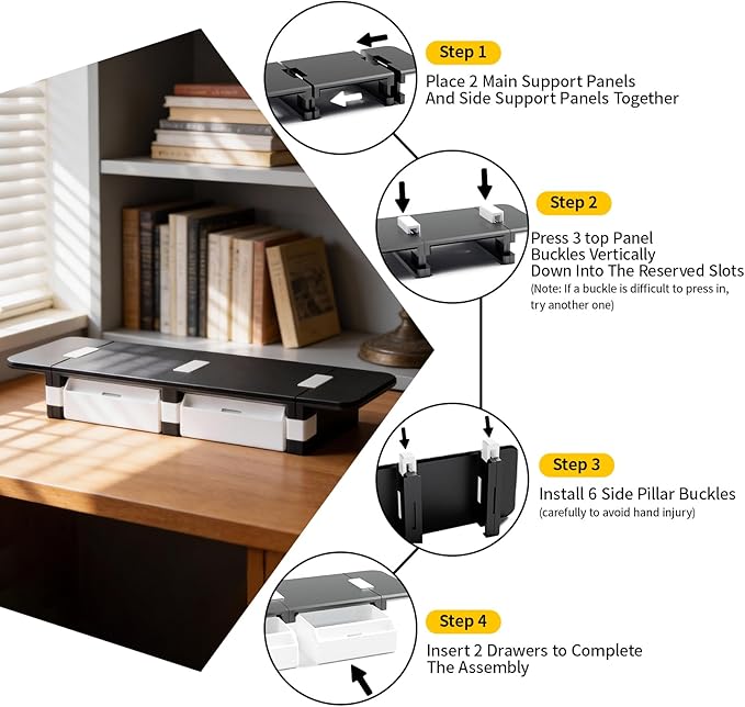Computer Monitor Stand, Desk Organizer and Accessories with 2 Drawers, Multi-purpose Monitor Riser / Laptop Stand, Sturdy Desktop Storage Organizer for Office Supplies, Black