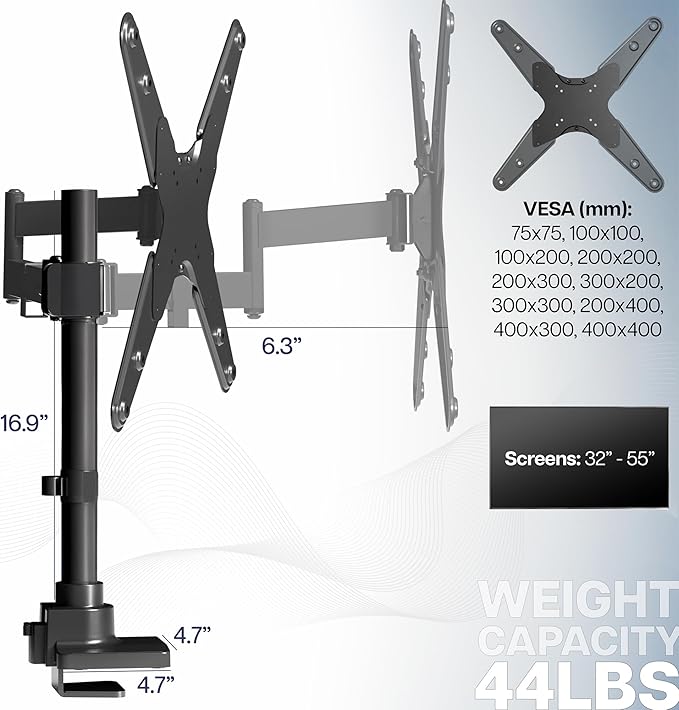 VIVO Ultra Wide Monitor and TV Desk Mount for up to 55 inch Screens, Single Television Stand with Articulating Arm, Holds up to 44 lbs, Max VESA 400x400mm, Black, STAND-V155D