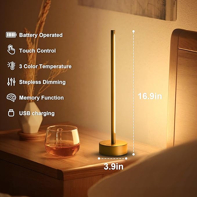 Cordless LED Table Lamp Set of Two, Battery Operated Portable Desk Lamp,Dimmable/3 Color/Memory Function,Modern Rechargeable Table Light for Living Room,Bedroom,Bedside,Gold, 2 Pack